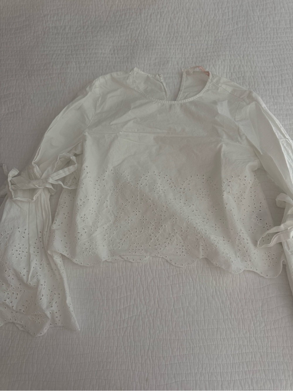 Zara White Eyelet Tie-Sleeve Blouse
